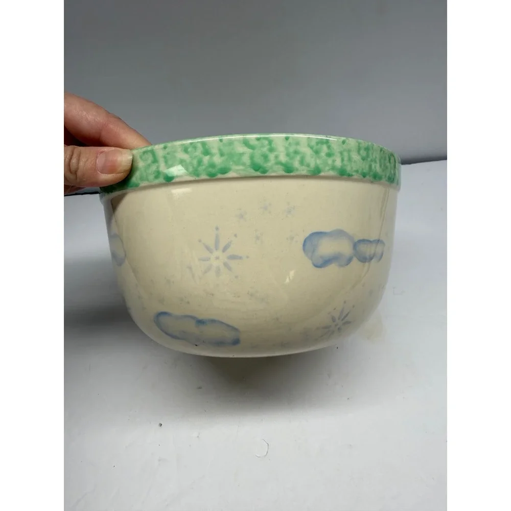 Vital Unit Ceramic Mixing Bowl Angel Hand Painted Green Rim 8.5 Inch Cream